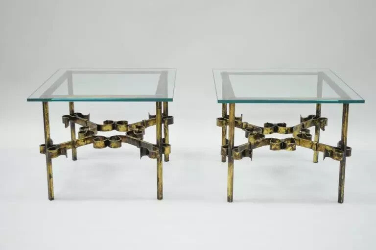 Vintage Spanish Hollywood Regency Gold Gilt Iron Square Glass End Tables - Pair
