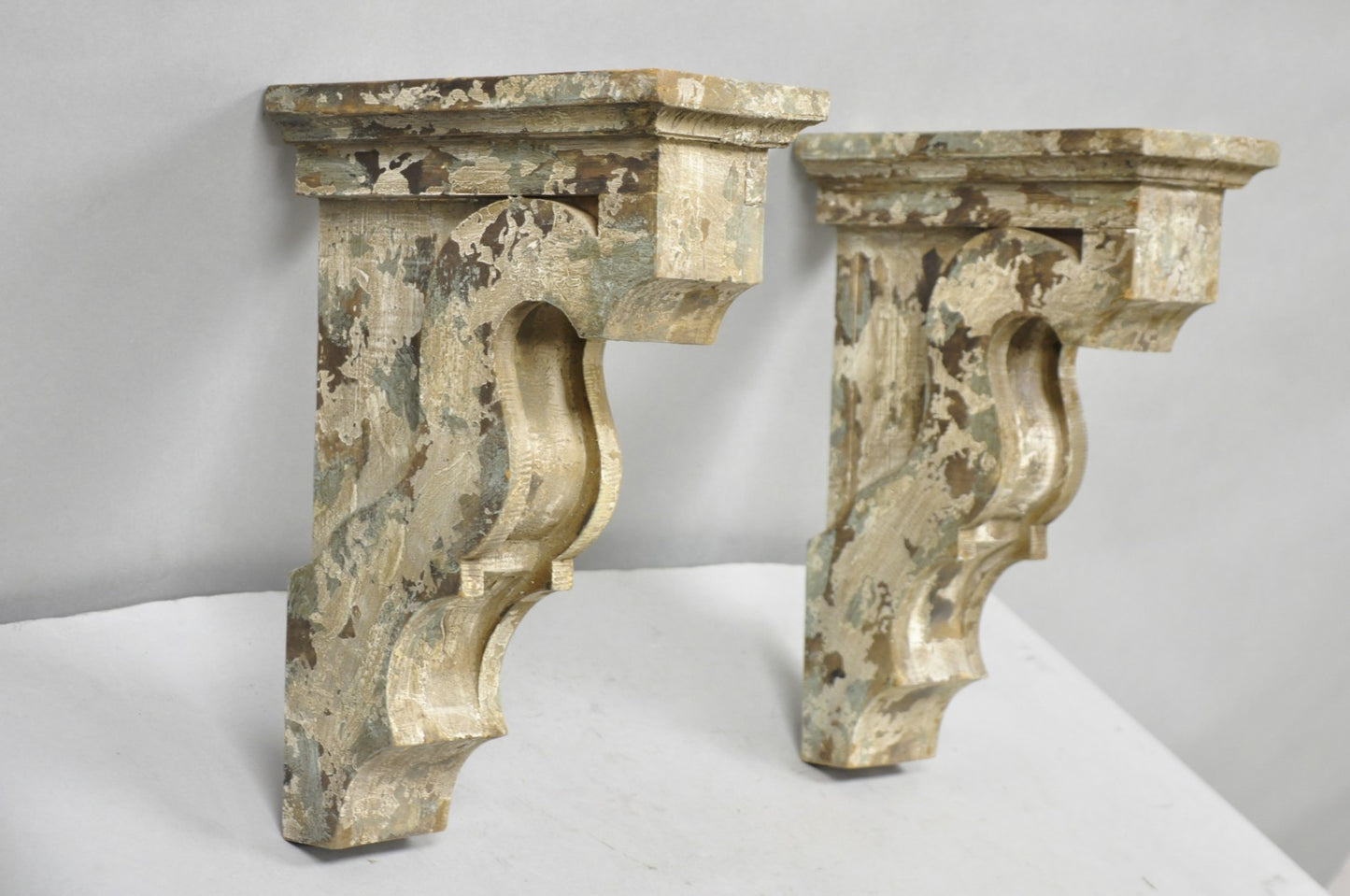 Victorian Carved Wood Blue & White Distress Painted Corbel Wall Bracket - a Pair