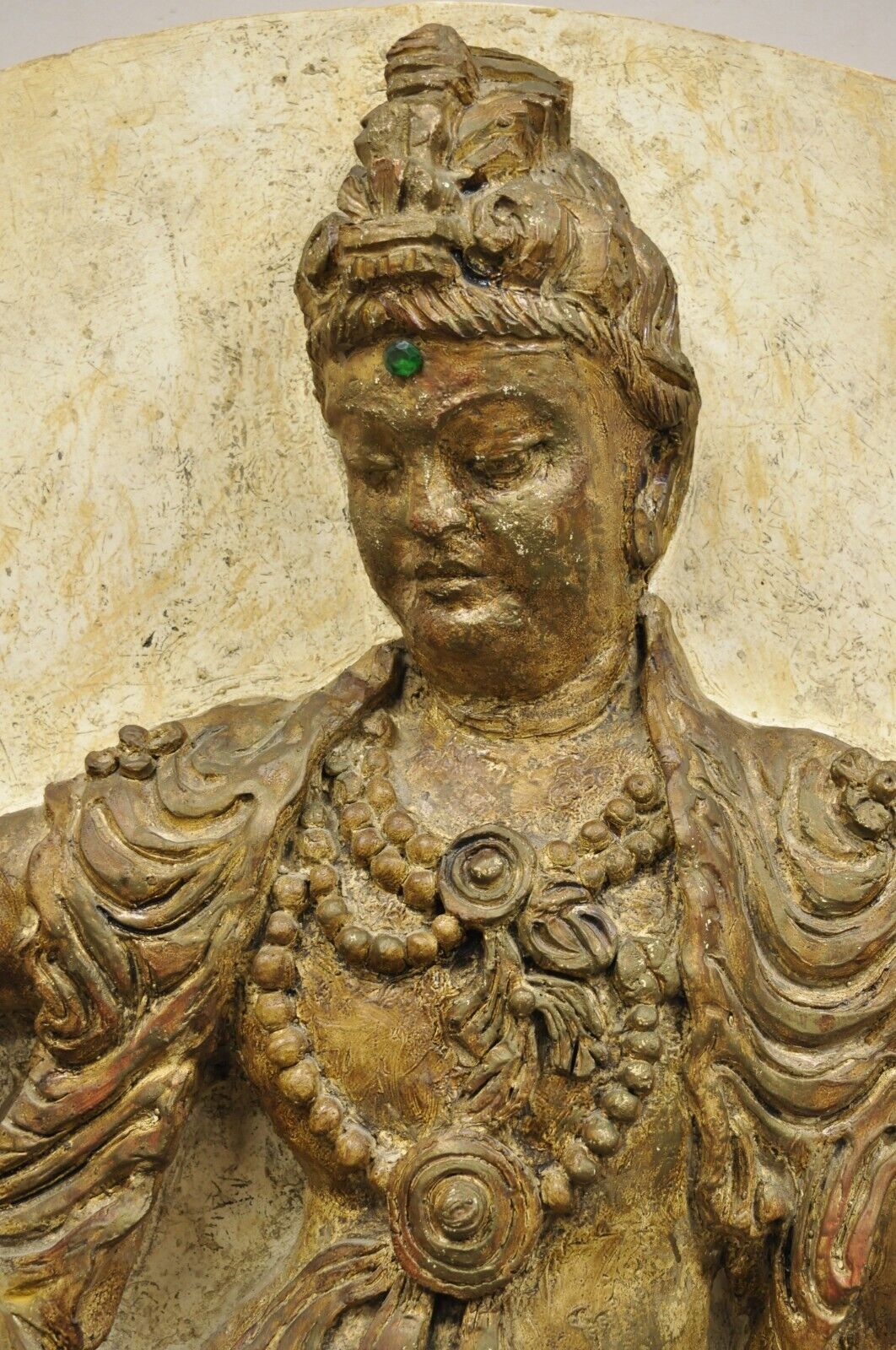 Large Vintage Fiberglass Kuan Shih Yin Buddha Relief Round Wall Art Sculpture