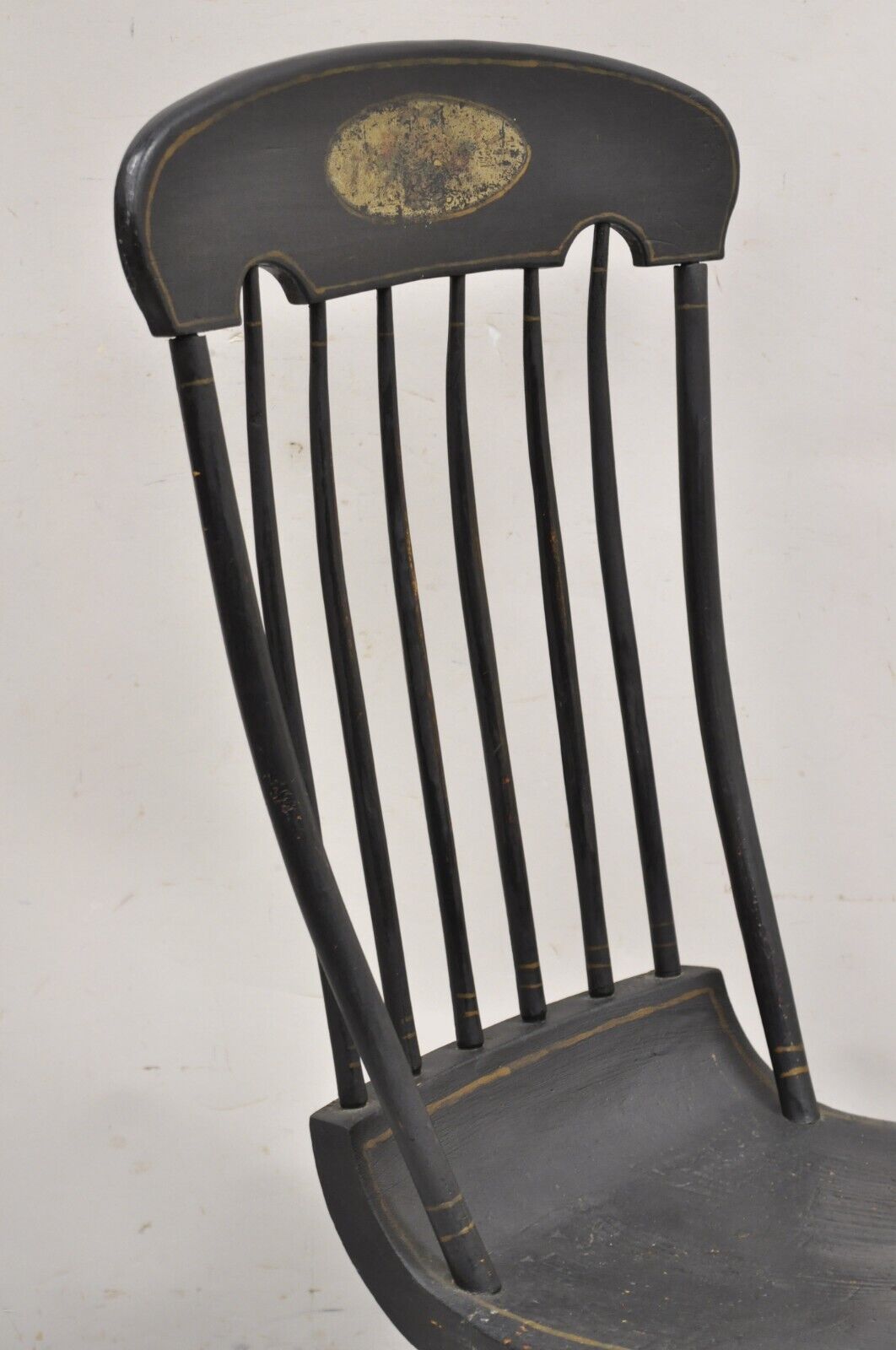 Antique Colonial Stencil Back Black Painted Plank Bottom Rocker Rocking Chair