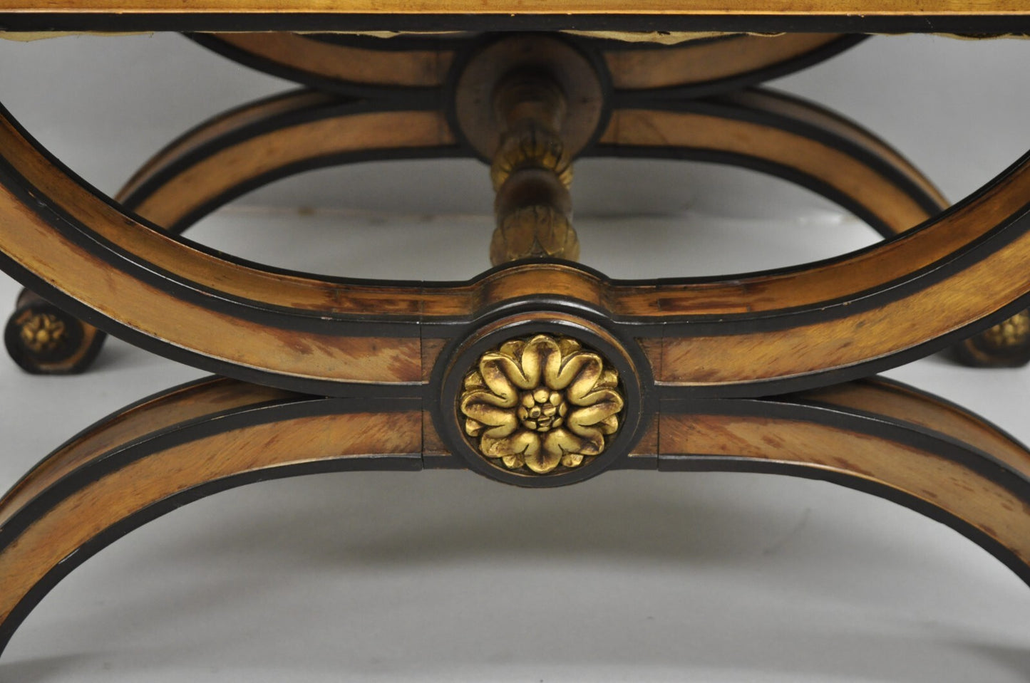 Vintage Italian Regency Style Curule Carved Walnut Upholstered X-Bench Stool