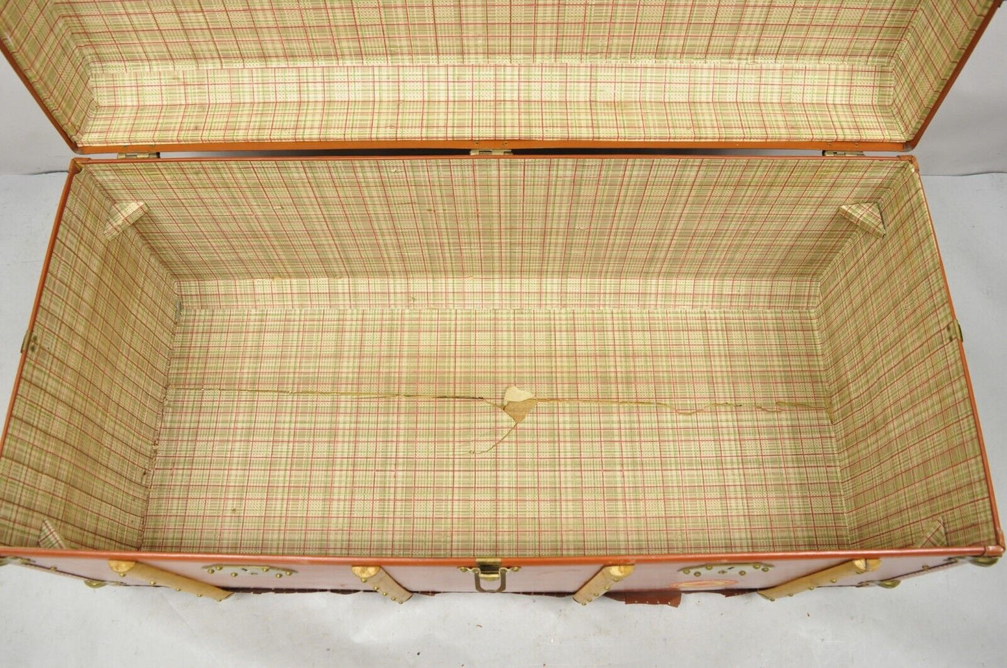 Antique Wooden Band Large Steamer Trunk Orange Ship Trunk Cunard Line Decals