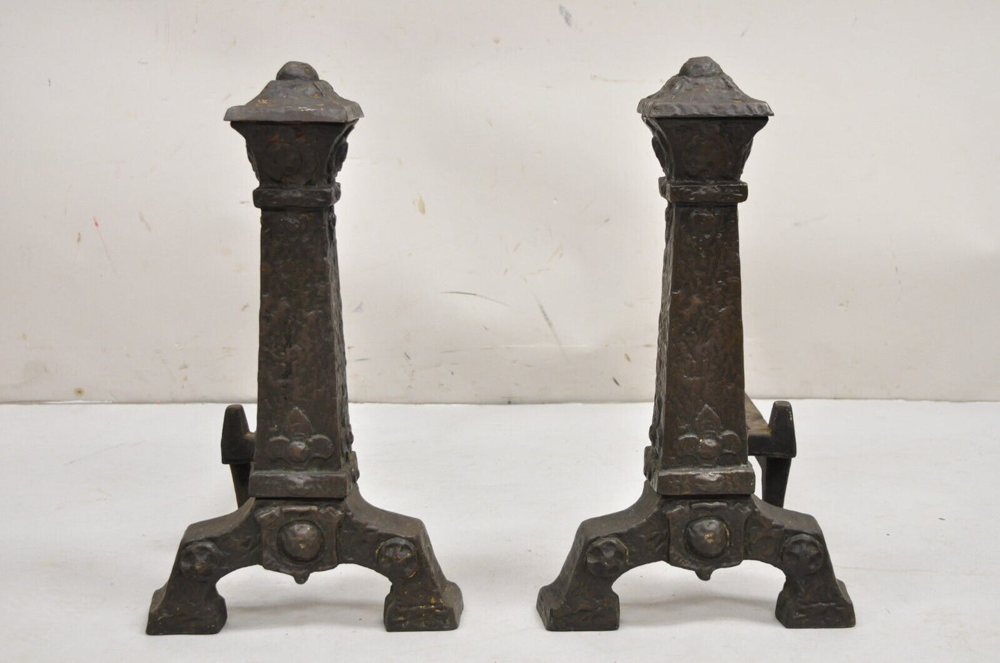 Antique Gothic Arts & Crafts Renaissance Cast Metal Fireplace Andirons - a Pair