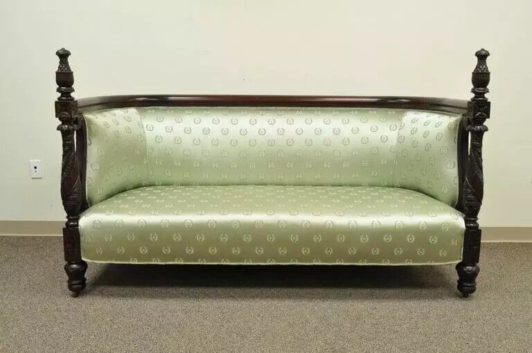 Antique 19th C American Empire Curved Rail Carved Mahogany Pineapple Finial Sofa