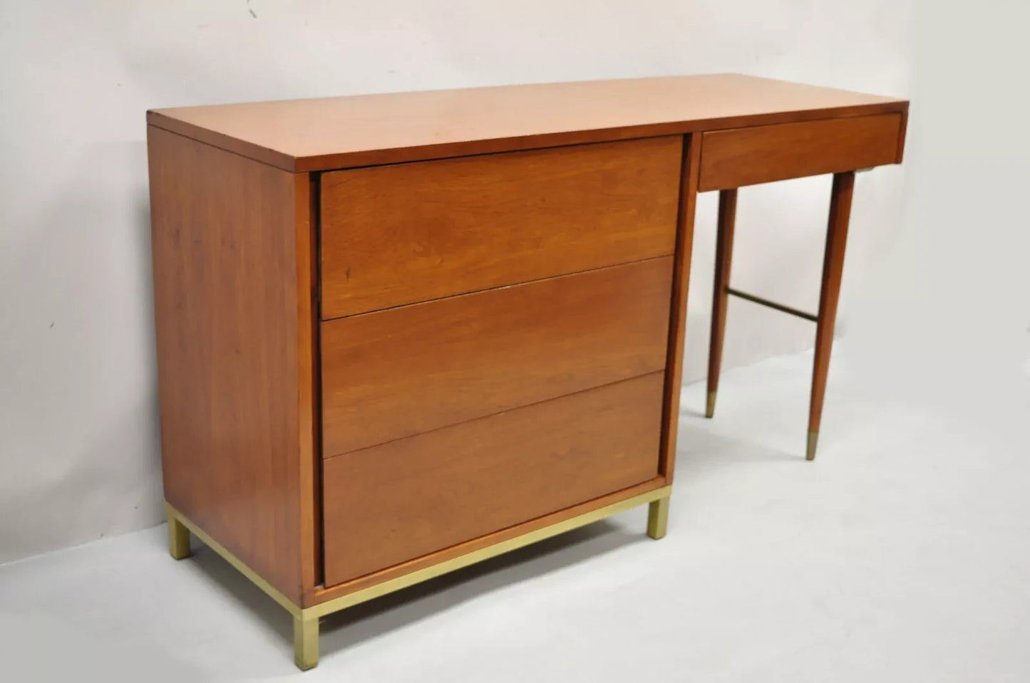 Vintage Mid Century Modern Walnut Brass Base Modernist Kneehole Writing Desk