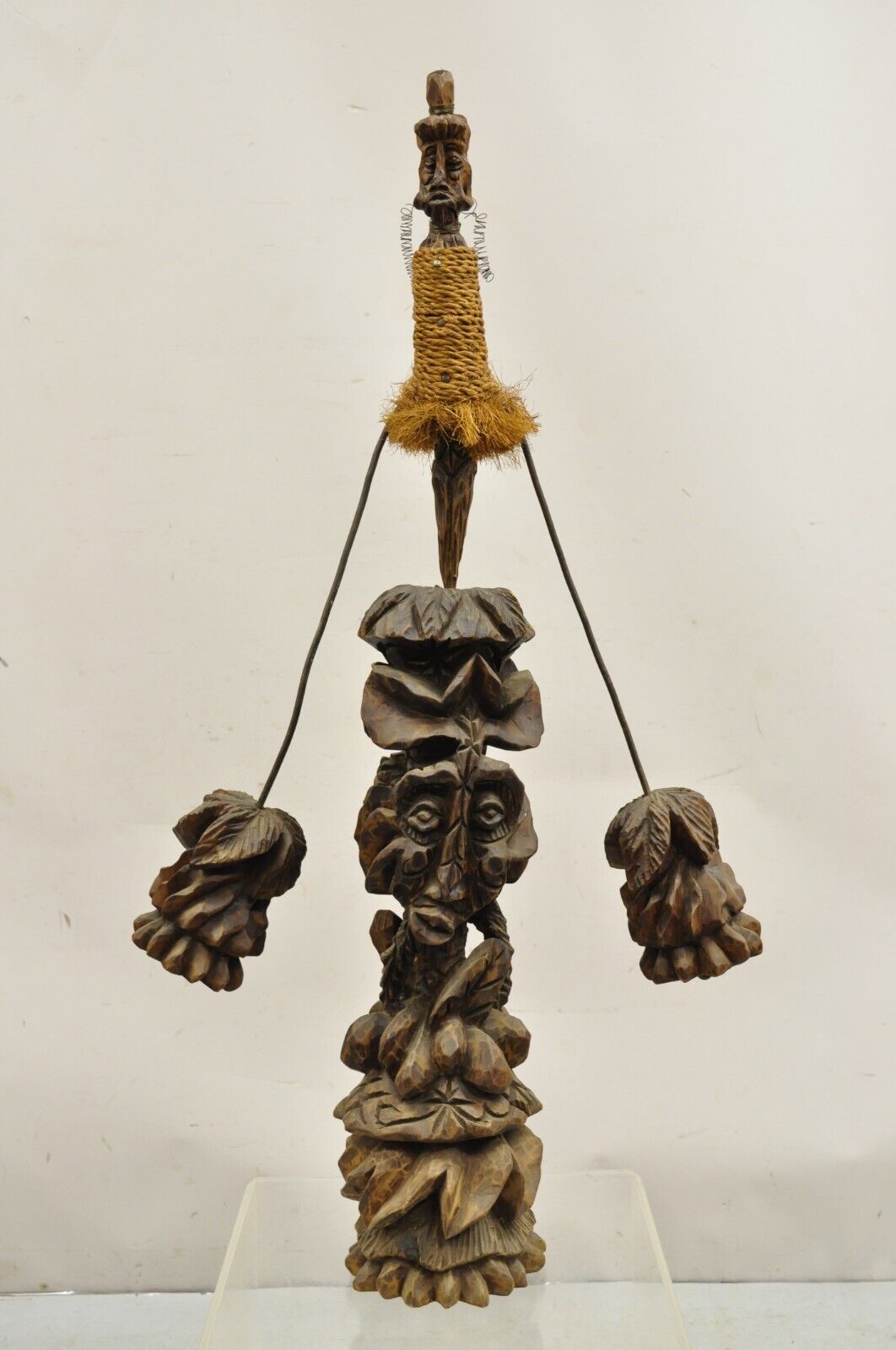 Primitive Carved Wood Figural Tiki Totem Kinetic Wobbly Balancing Art Sculpture