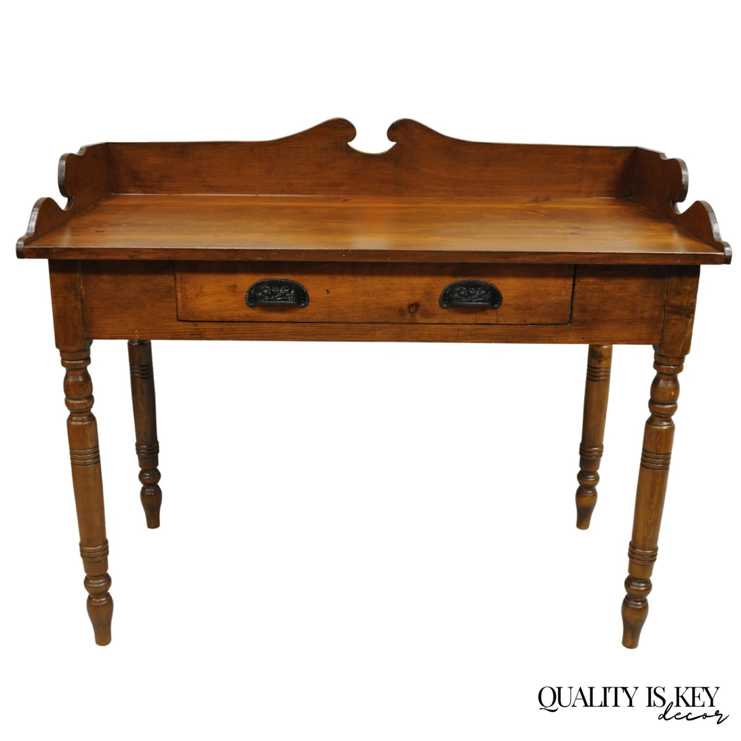 Antique Primitive Colonial Pine Wood 1 Drawer Work Table Desk w/ Backsplash