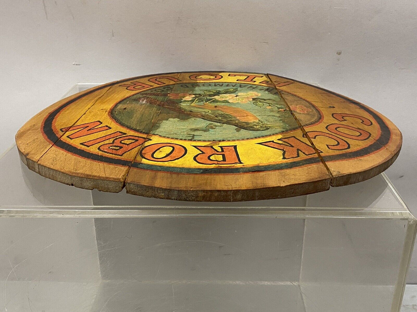 Vintage Cock Robin Flour AW Hammond Co Round Wood Advertisement Plaque