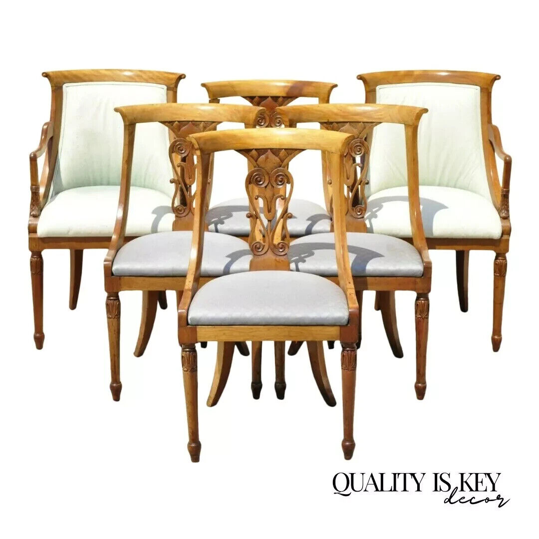 Italian Neoclassical Regency Cherry Wood Saber Leg Dining Chairs - Set of 6
