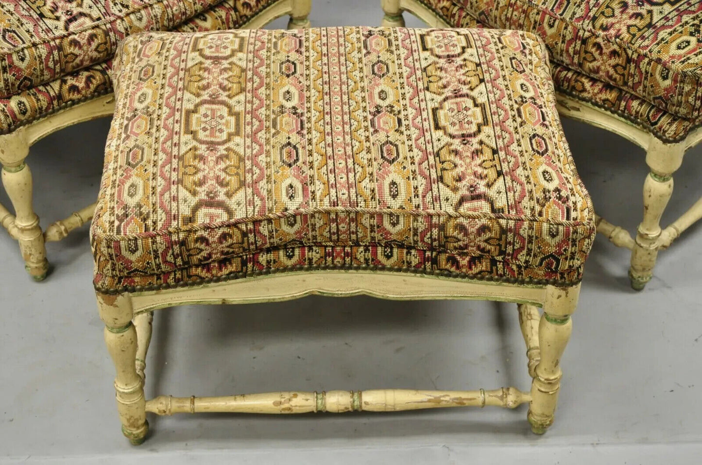 Vintage French Country Cream Distress Painted Lounge Arm Chairs & Ottoman a Pair