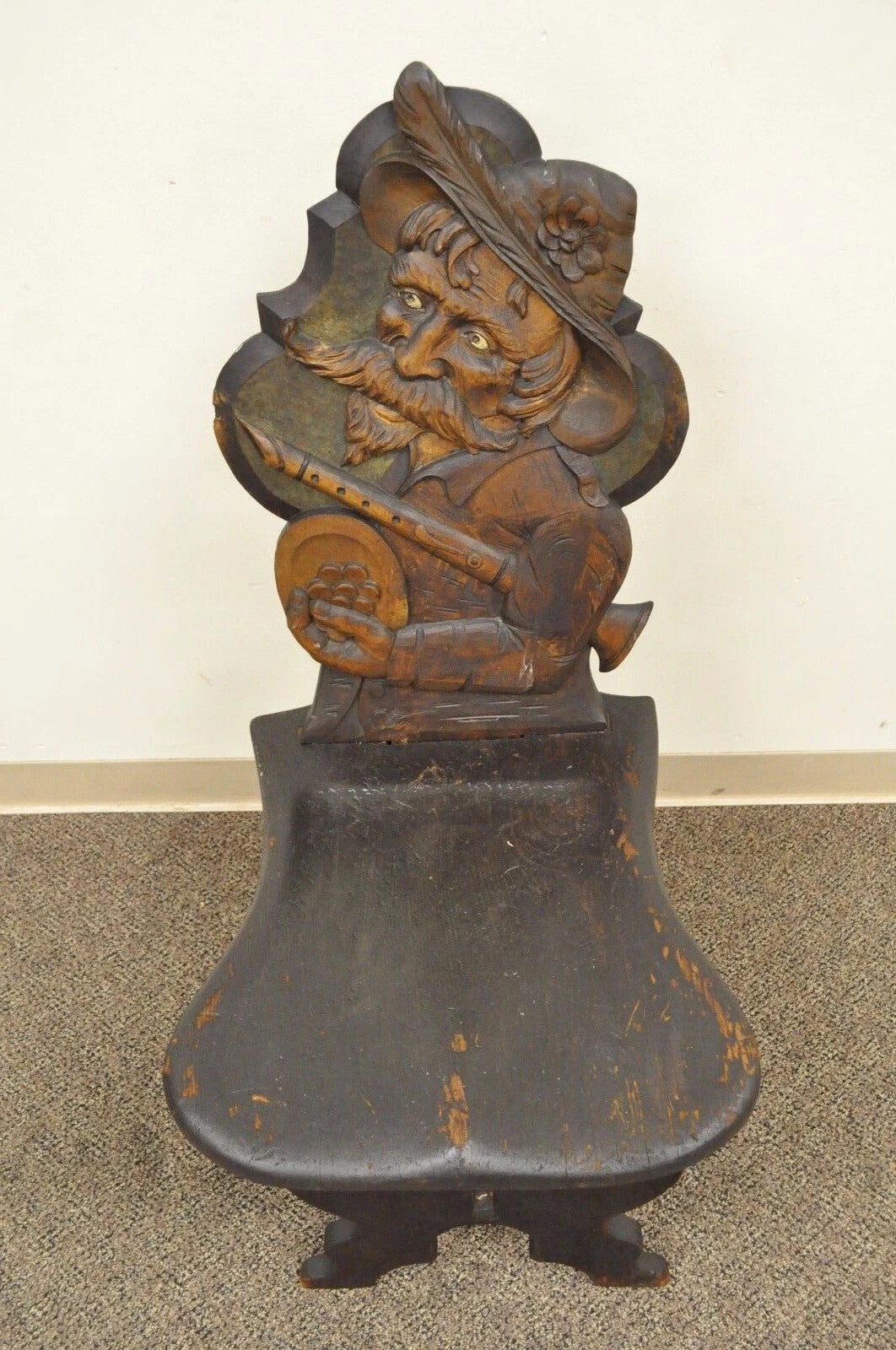 Antique Medieval Gothic Hand Carved Wood Figural Musician Bard Tavern Side Chair