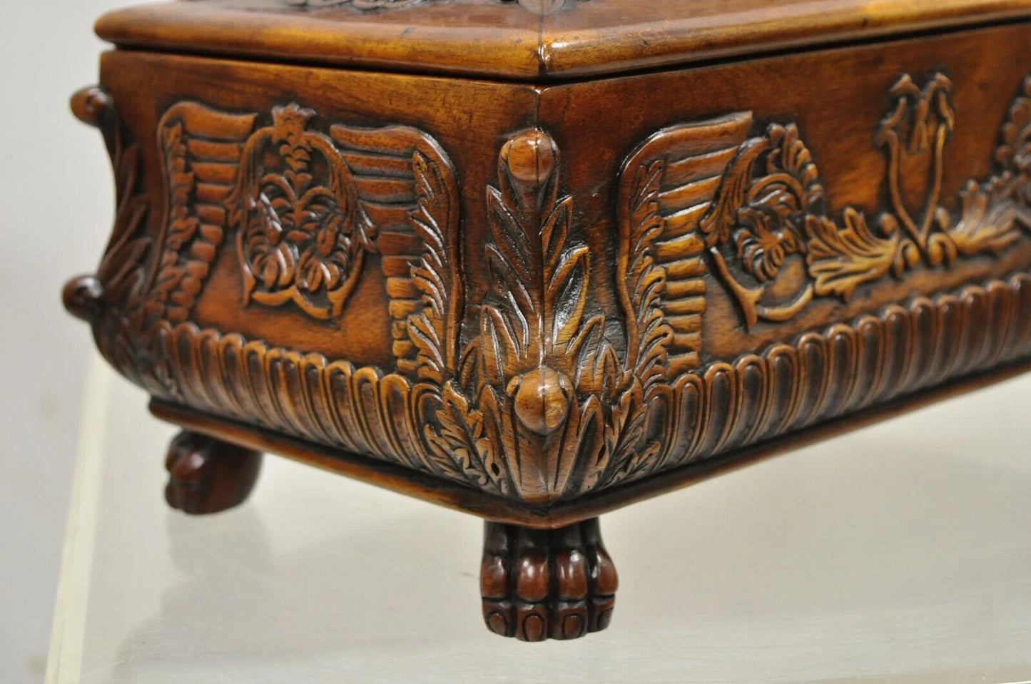 French Empire Rococo Style Carved Mahogany Paw Foot Jewelry Vanity Trinket Box