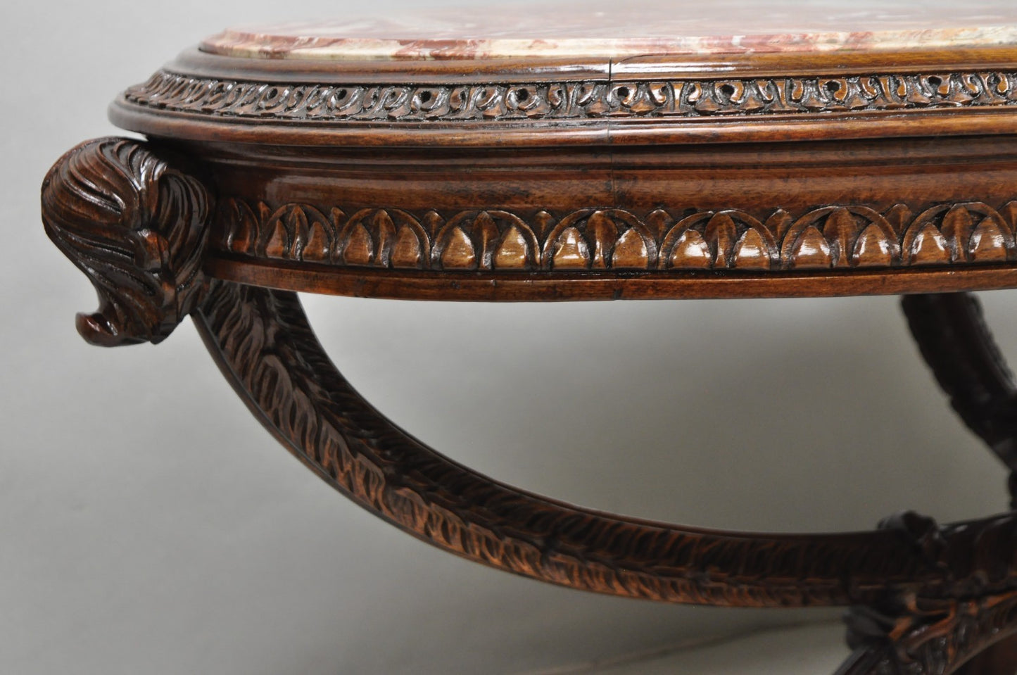 Antique Grosfeld House French Regency Plume Carved Mahogany Marble Coffee Table