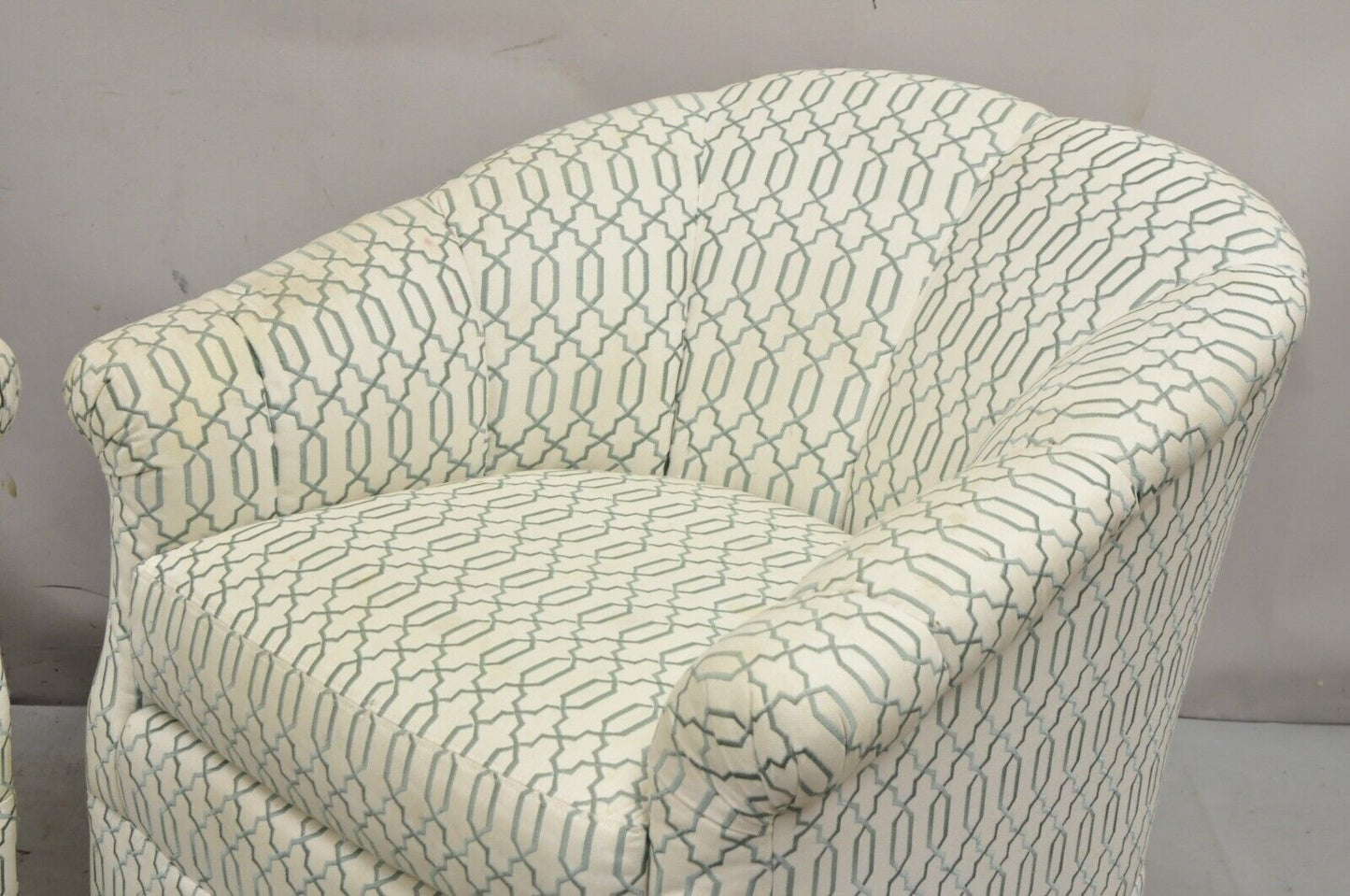 Sherrill Seafoam Green & Off White Swivel Rocker Barrel Back Club Chairs - Pair