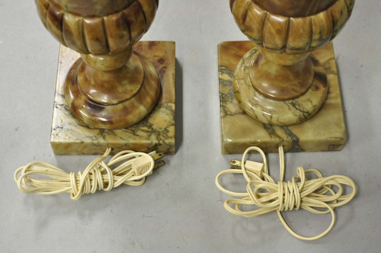 Vintage French Empire Style Polished Brown Marble Urn Form Table Lamps - a Pair