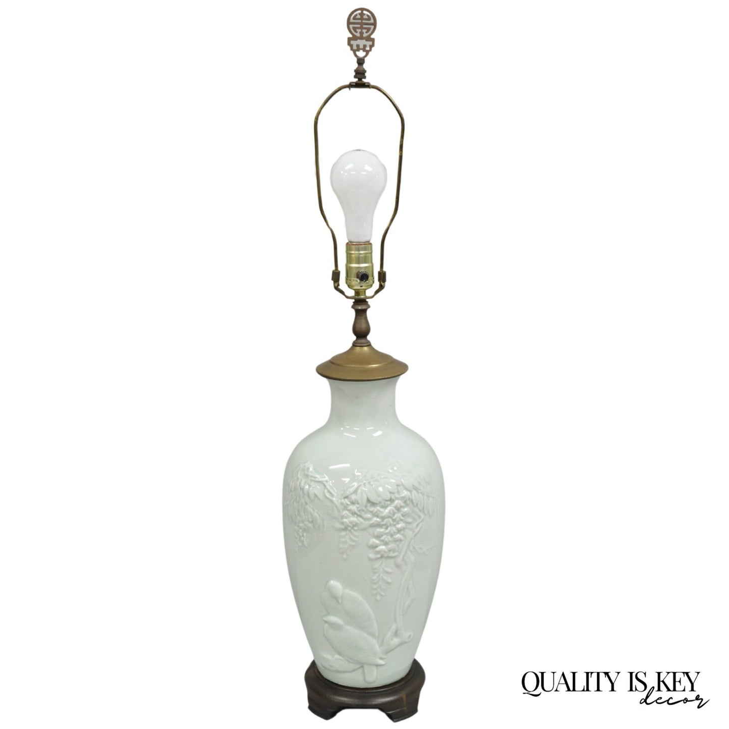 Chinoiserie Chinese Green Celadon Porcelain "Love Birds" Jardiniere Table Lamp