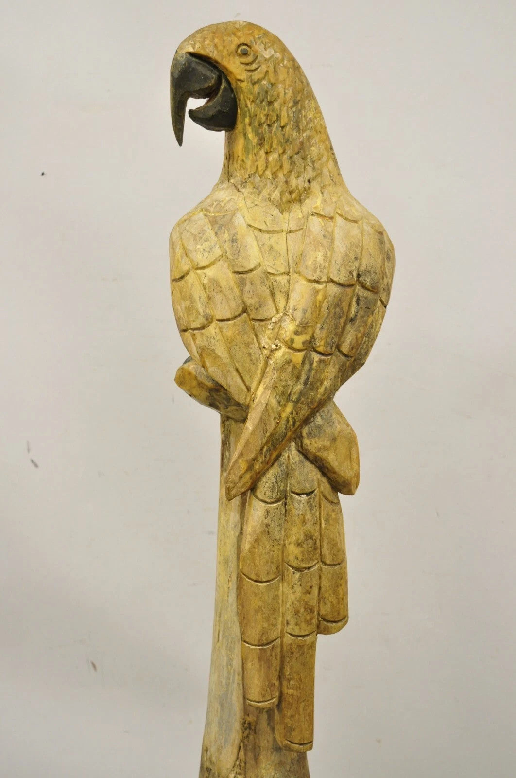 Large 46" Vintage Mid Century Carved Wood Perched Parrot Bird Statue Sculpture