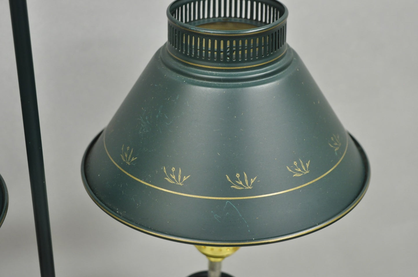 Vintage French Country Green Tole Metal Double Candlestick Table Lamp w/ Shades
