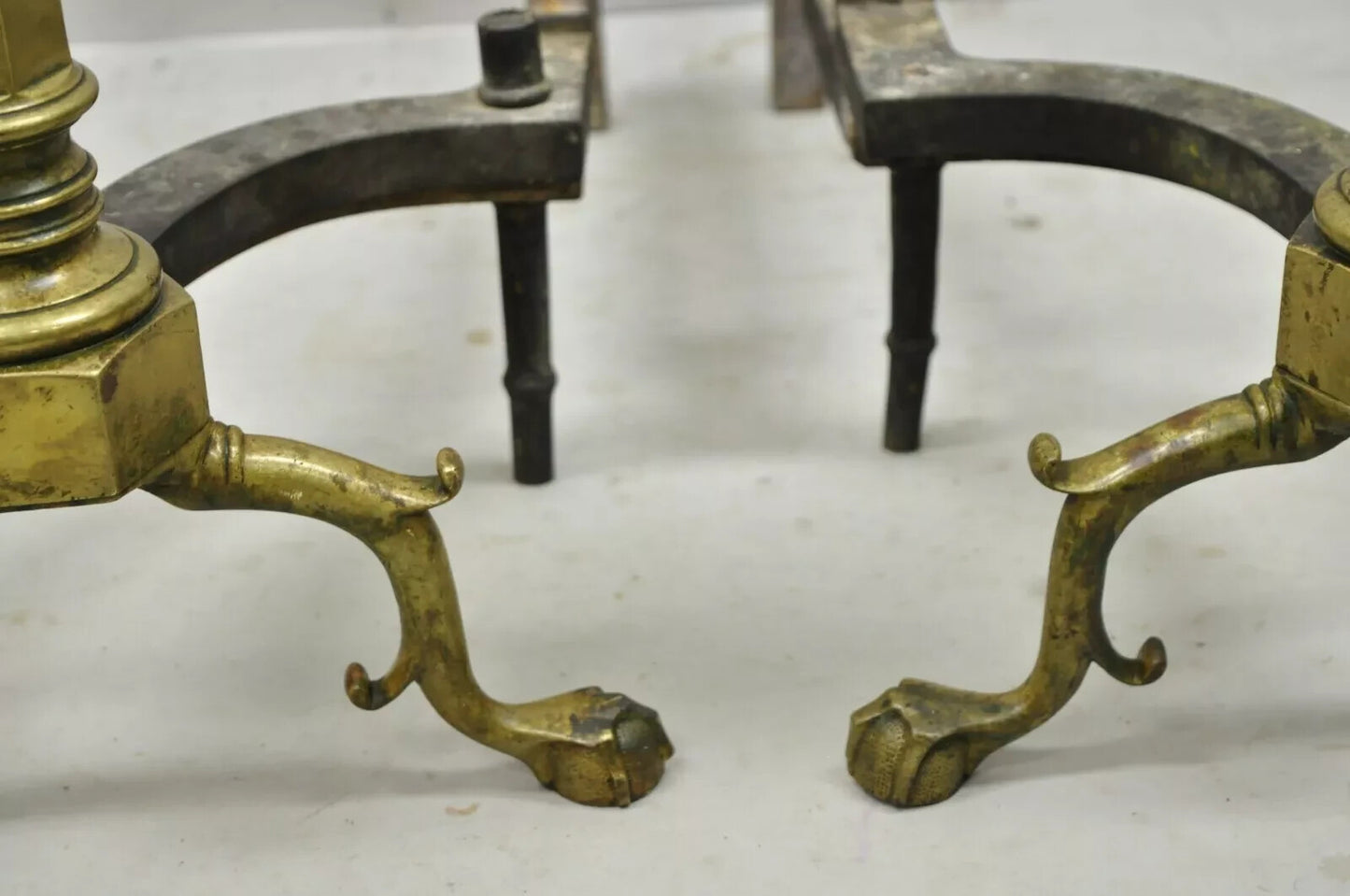 Antique Federal Faceted Brass Cannonball Branch Foot Cast Iron Andirons - a Pair