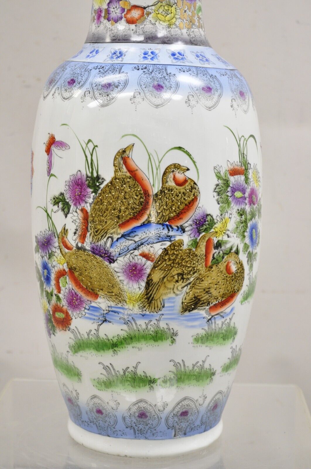 Vintage Chinese Satsuma Style Hand Painted Quail Bird Flower Porcelain Vase