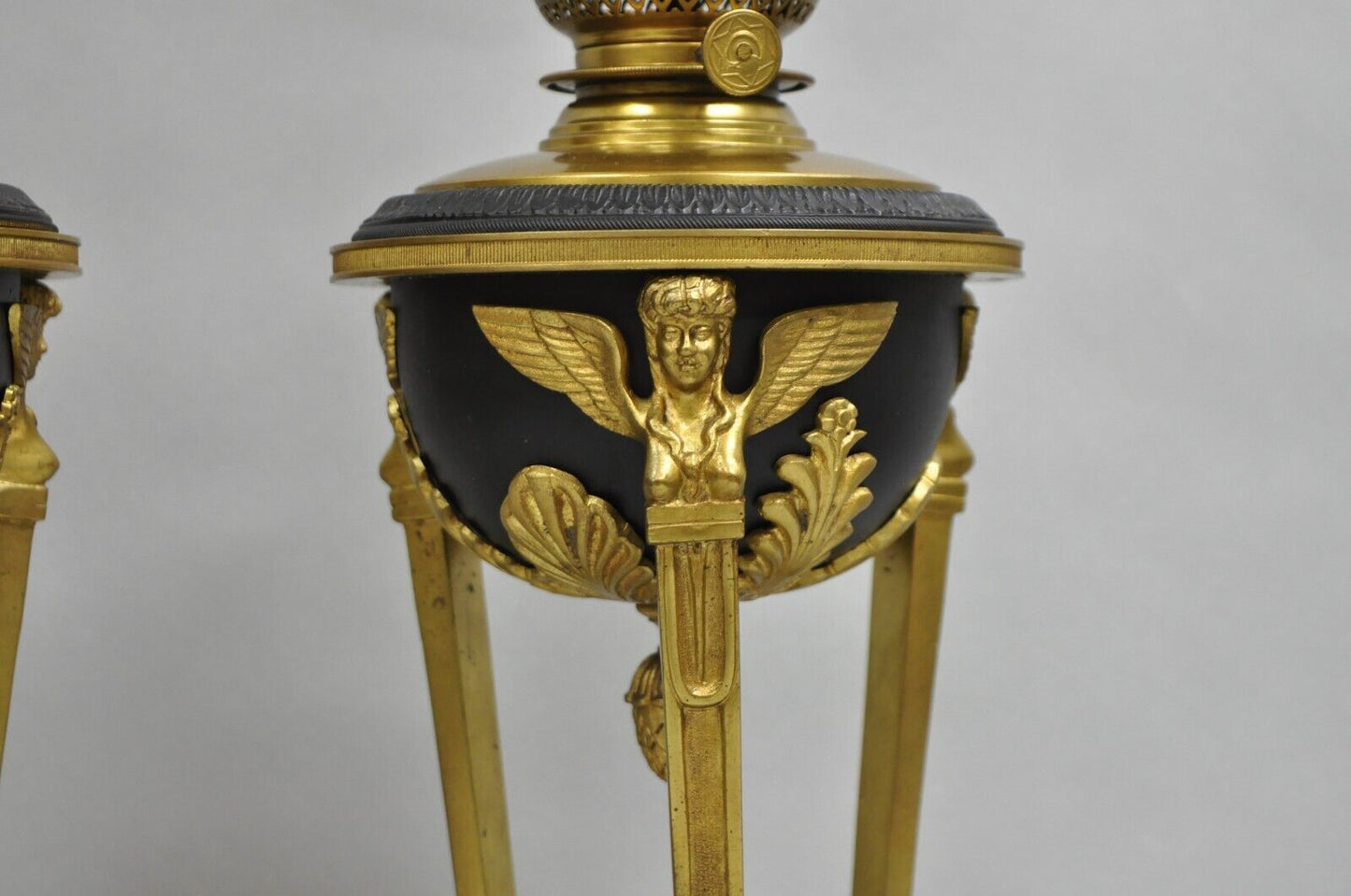 Vintage French Empire Style Figural Woman Black & Gold Brass Table Lamps - Pair