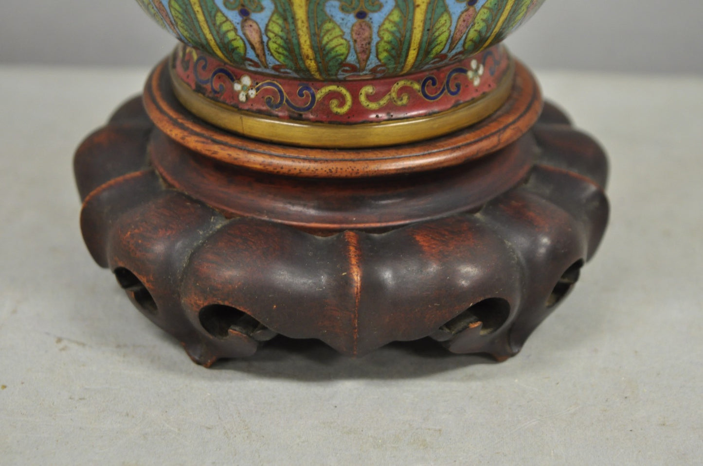 Vintage Chinese Porcelain Enamel Bronze Red Cloisonne Champleve Vase Table Lamp
