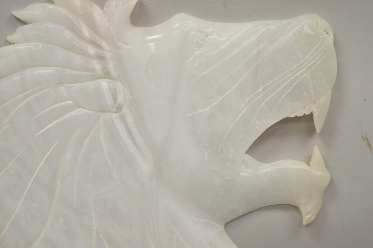 Vintage Italian Carved White Alabaster Lion Head Sculpture Statue Figure (B)