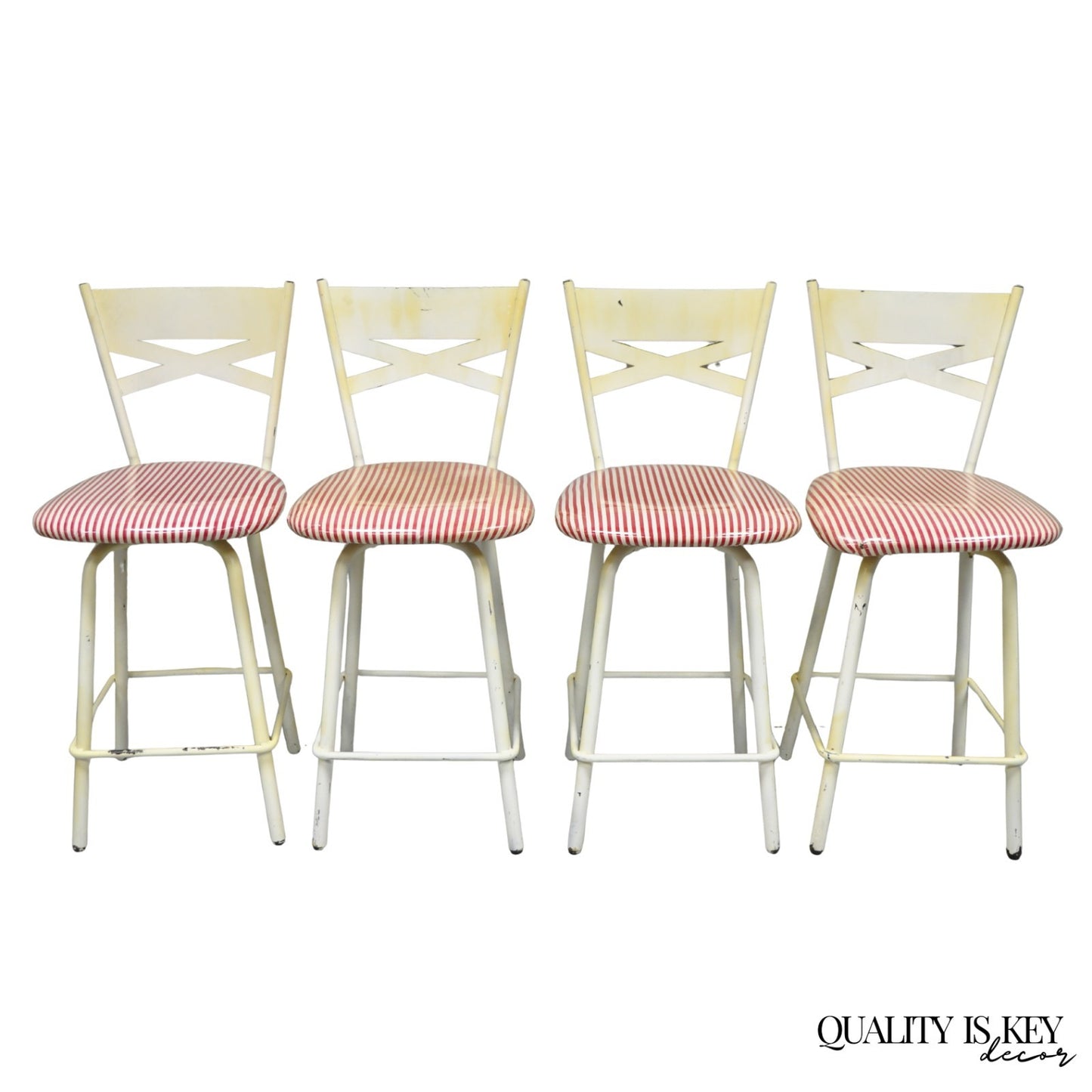 Vintage Modern Metal White Painted Swivel Amisco Counter Bar Stool - Set of 4