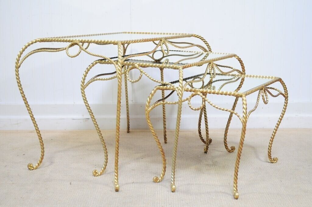 Vtg Italian Hollywood Regency Gold Nesting Rope Mirror Tole End Tables Set of 3