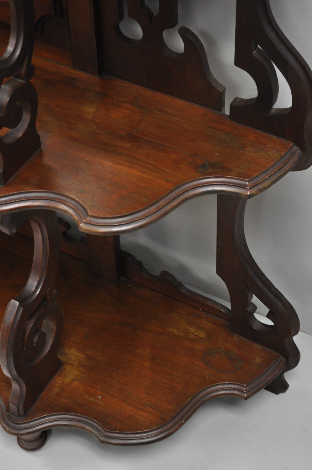 Antique Victorian Rococo Grapevine Carved Walnut Etagere Curio Shelf w/ Mirror