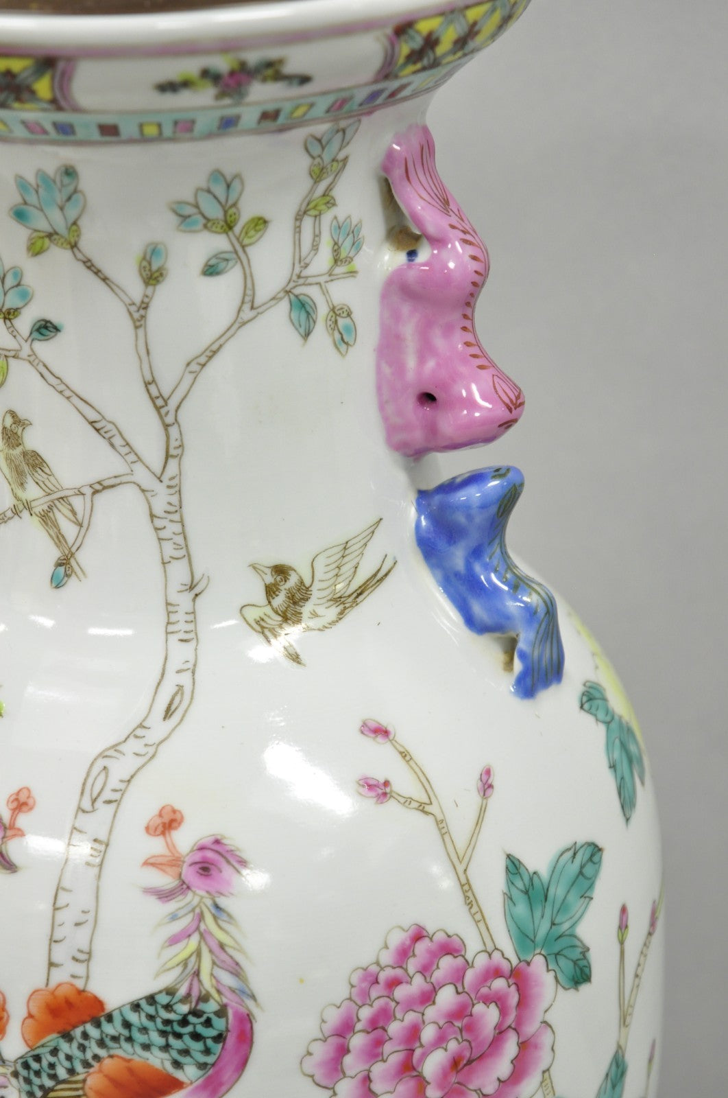 Vintage Oriental Porcelain Jardiniere Vase Bird and Flower Painted Table Lamp