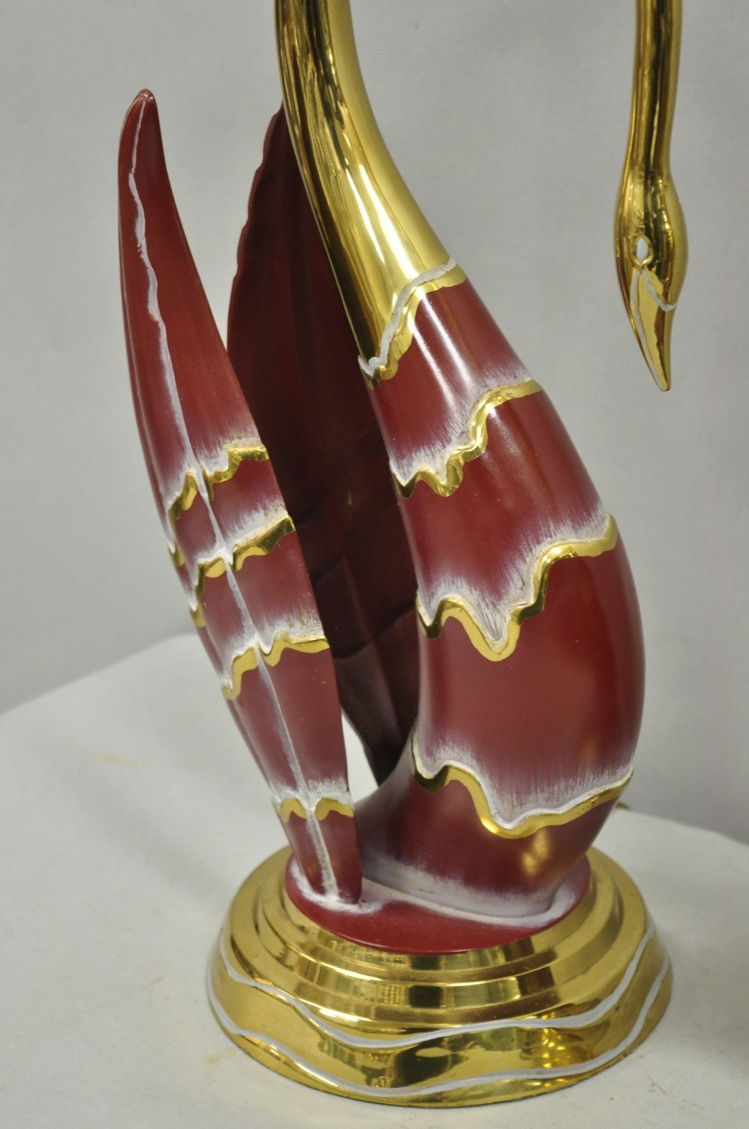 Vintage Art Nouveau Modern Brass Figural Swan Gold Red Table Lamps w Shades Pair