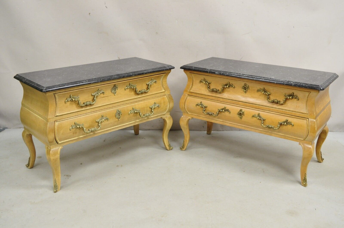 French Provincial Louis XV Style Marble Top Bombe Nightstand Low Commode Pair