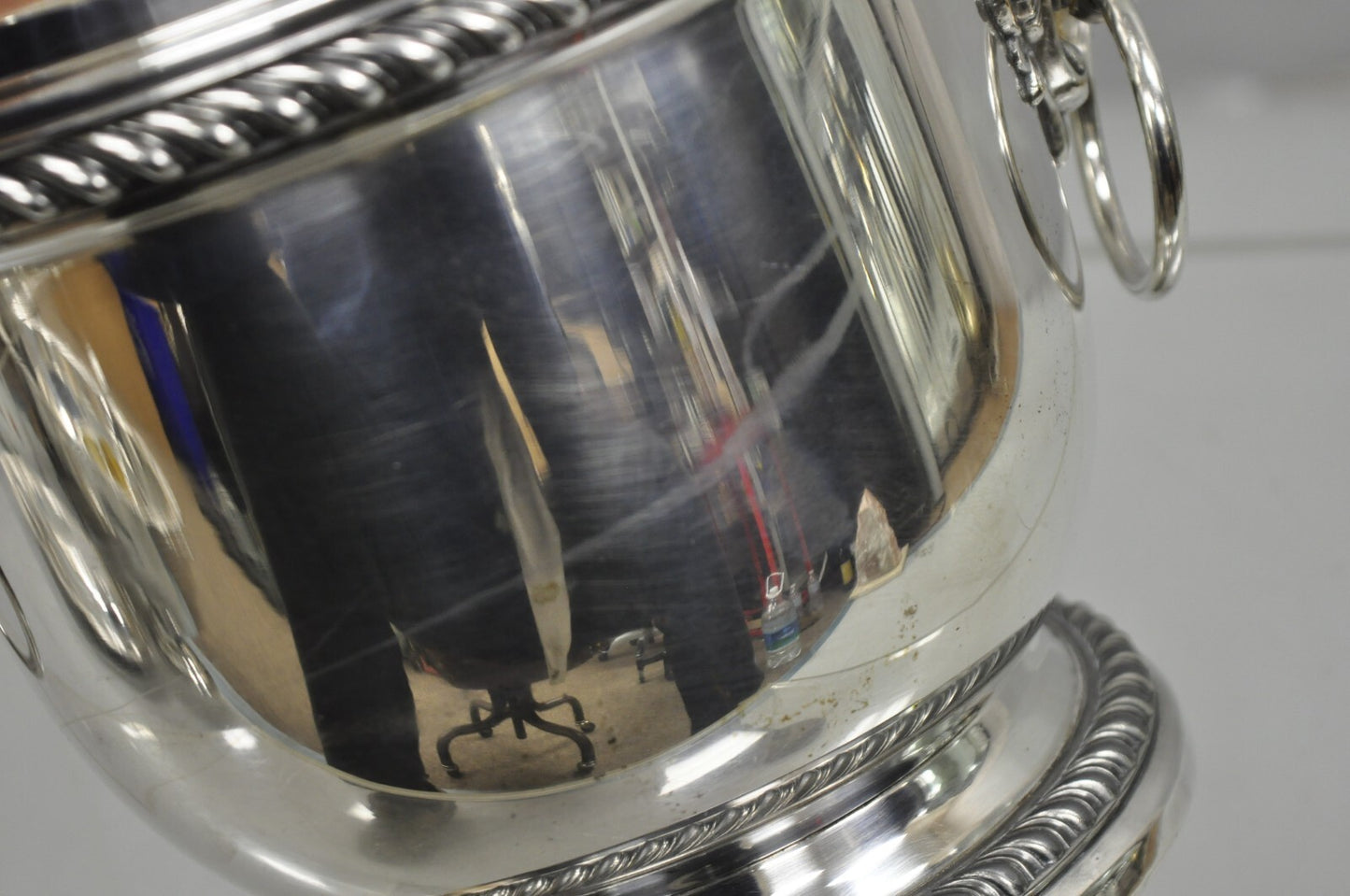 Vintage English Regency Silver Plated Lion Head Lidded Ice Bucket by Poole
