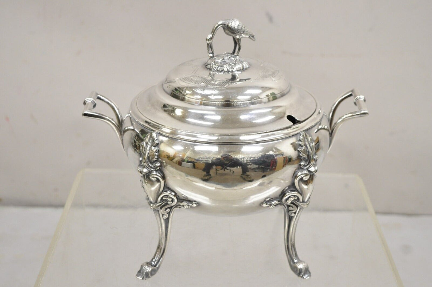 Antique Art Nouveau Silver Plated Soup Tureen With Crane Bird Handle