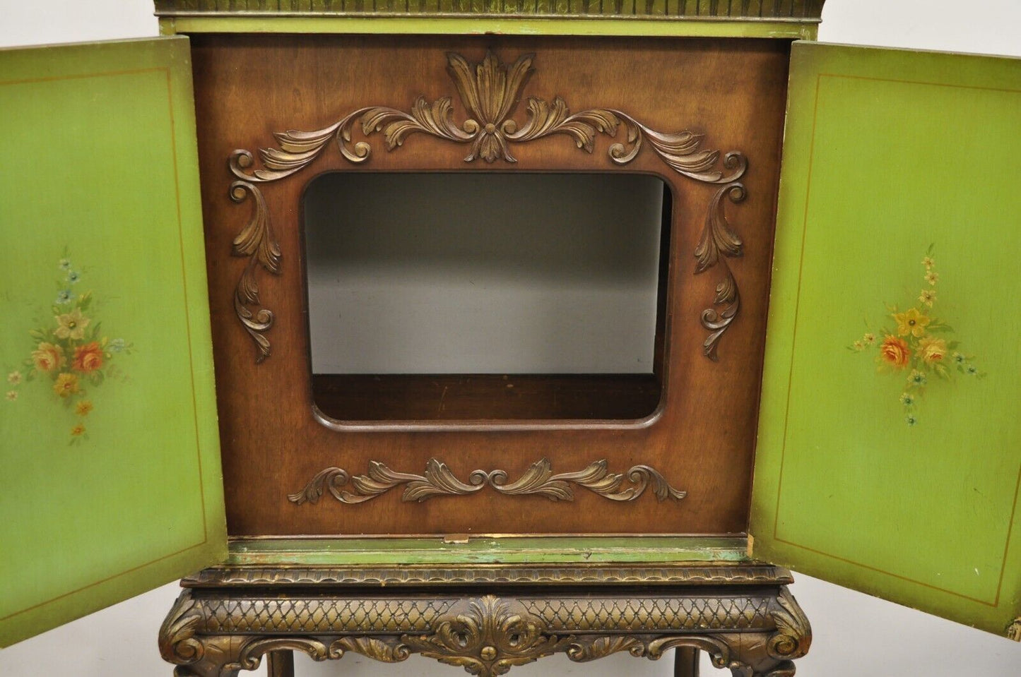 Antique French Renaissance Green Distress Painted Radio Cabinet Bar Cupboard