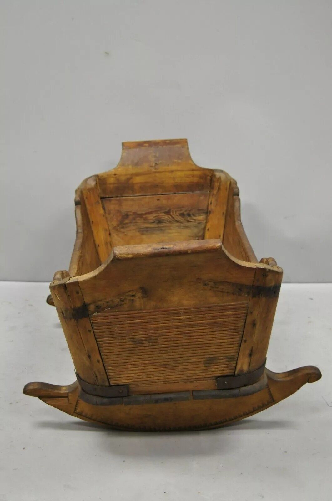 Antique 19th Century Primitive Colonial Carved Wood Baby Rocking Doll Cradle