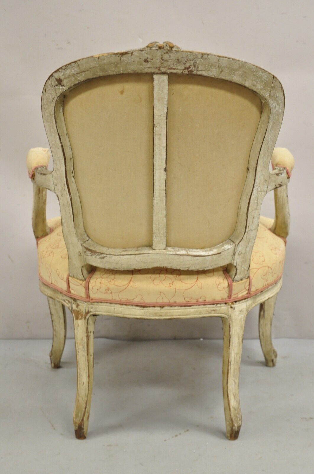 Antique French Louis XV Style Gustavian Cream Distress Painted Arm Chair