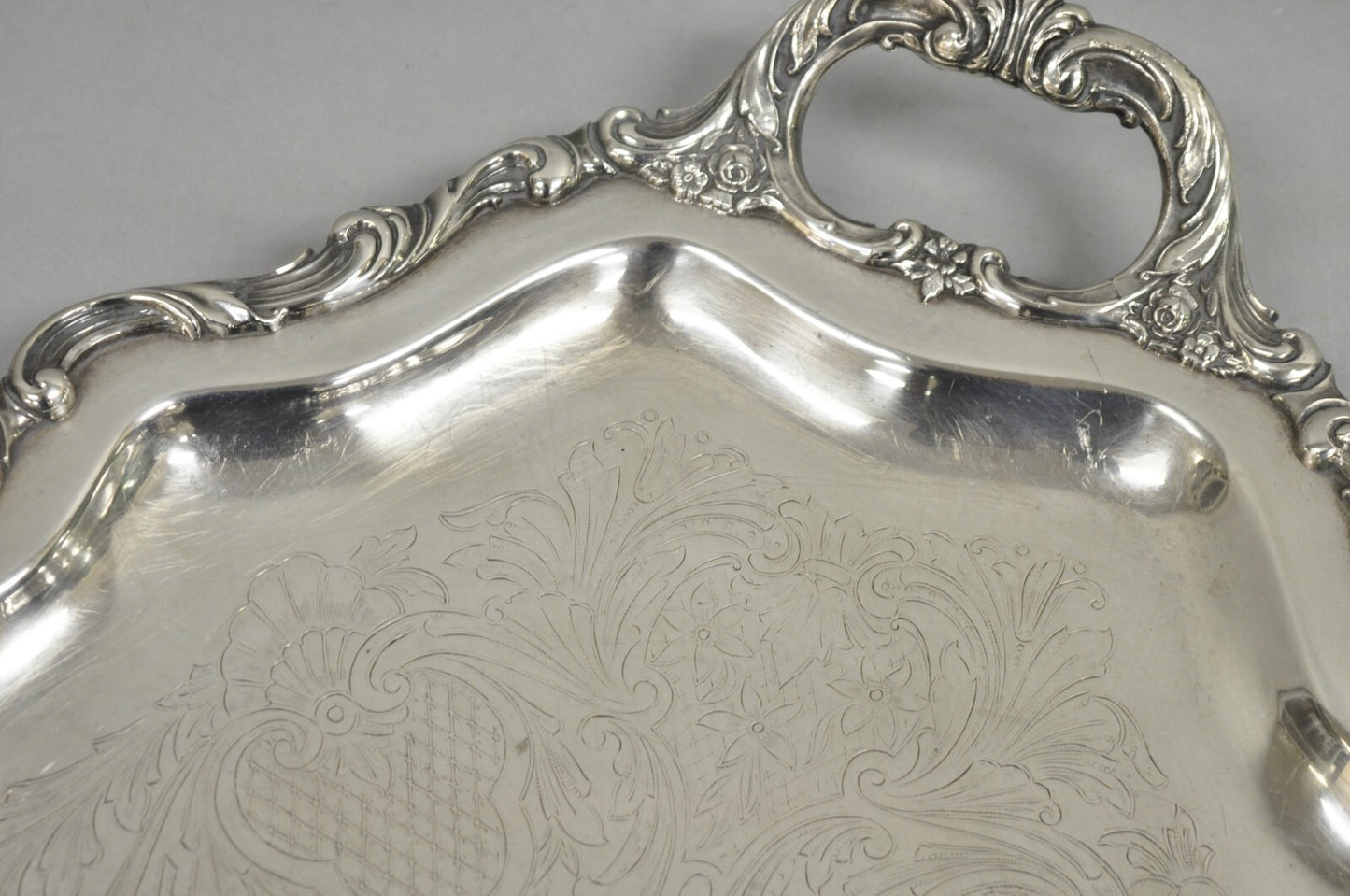 Antique Wallace Baroque Large 28" Silver Plated Serving Bar Tray w/ Handles