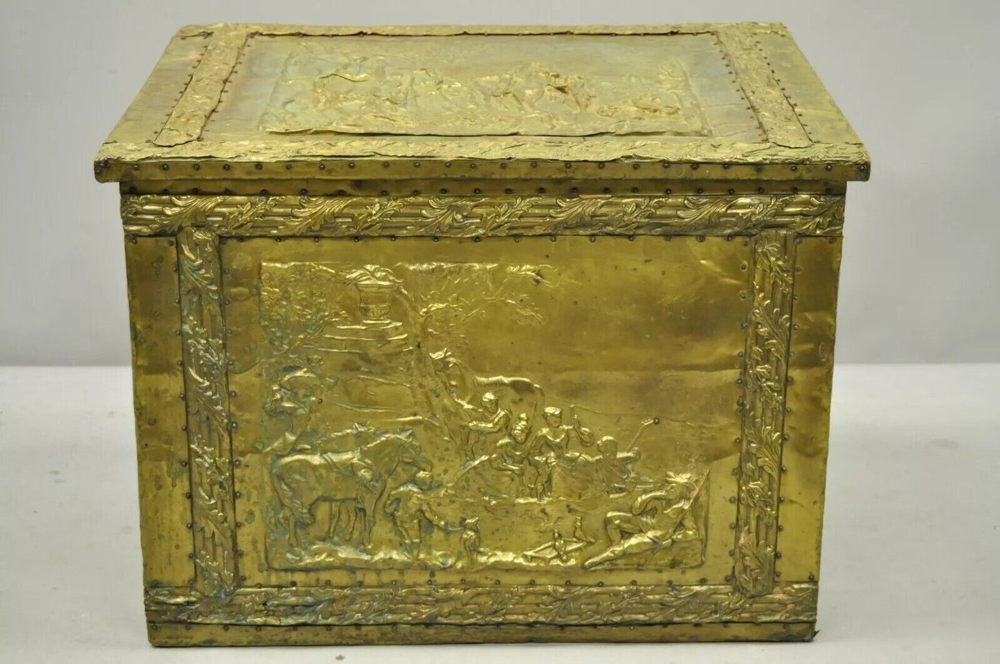 Antique Victorian Embossed Brass Fireplace Log Box Coal Box with Country Scenes