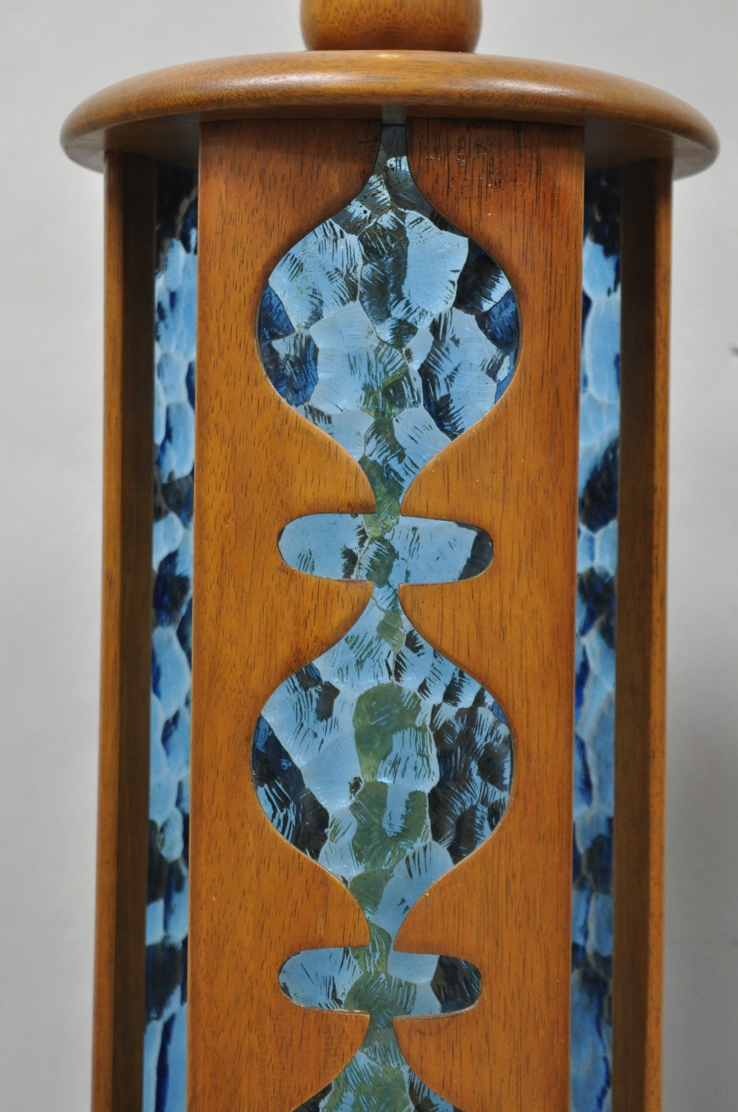 Vintage Modeline Mid Century Modern Walnut & Blue Stained Glass Table Lamps Pair