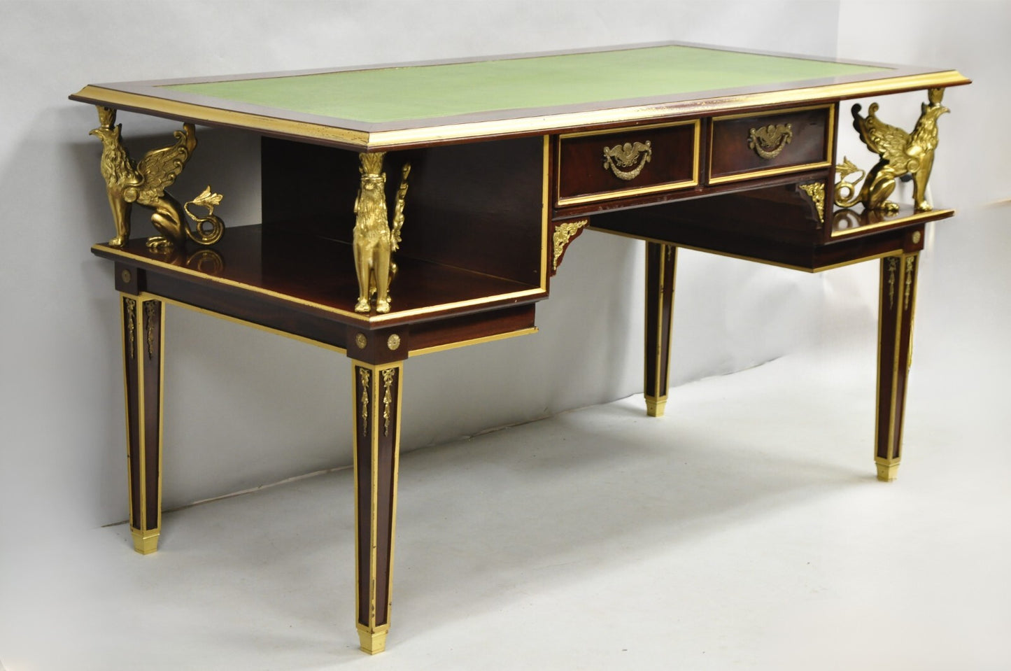 French Empire Revival Green Leather Top Bronze Griffin Mahogany Desk & Chair