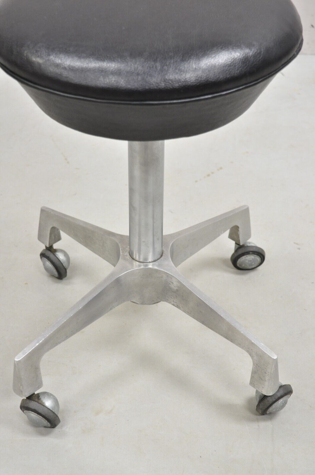 Vintage Industrial Modern Cast Aluminum Adjustable Rolling Medical Dental Stool