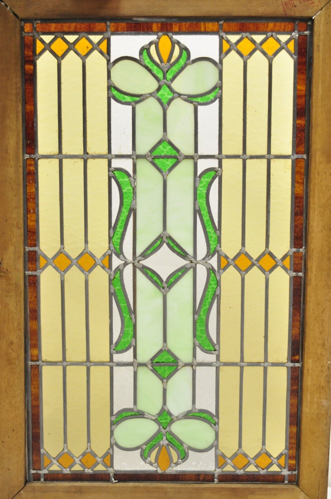 Antique Victorian Leaded Stained Glass Green Amber Tortoise Window in Wood Frame