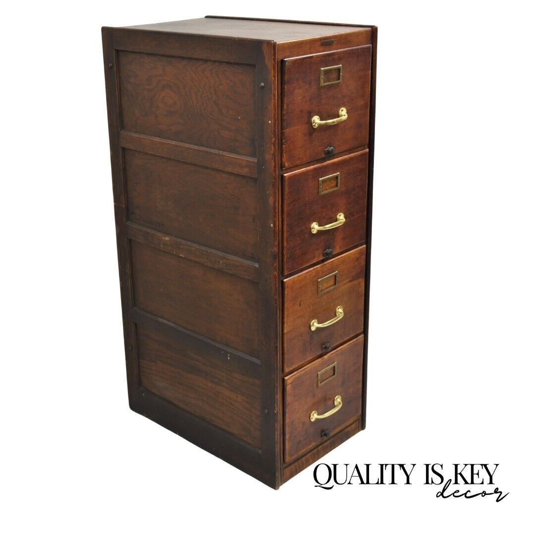 Antique Shaw Walker Quarter Sawn Oak 4 Drawer Arts & Crafts Office File Cabinet