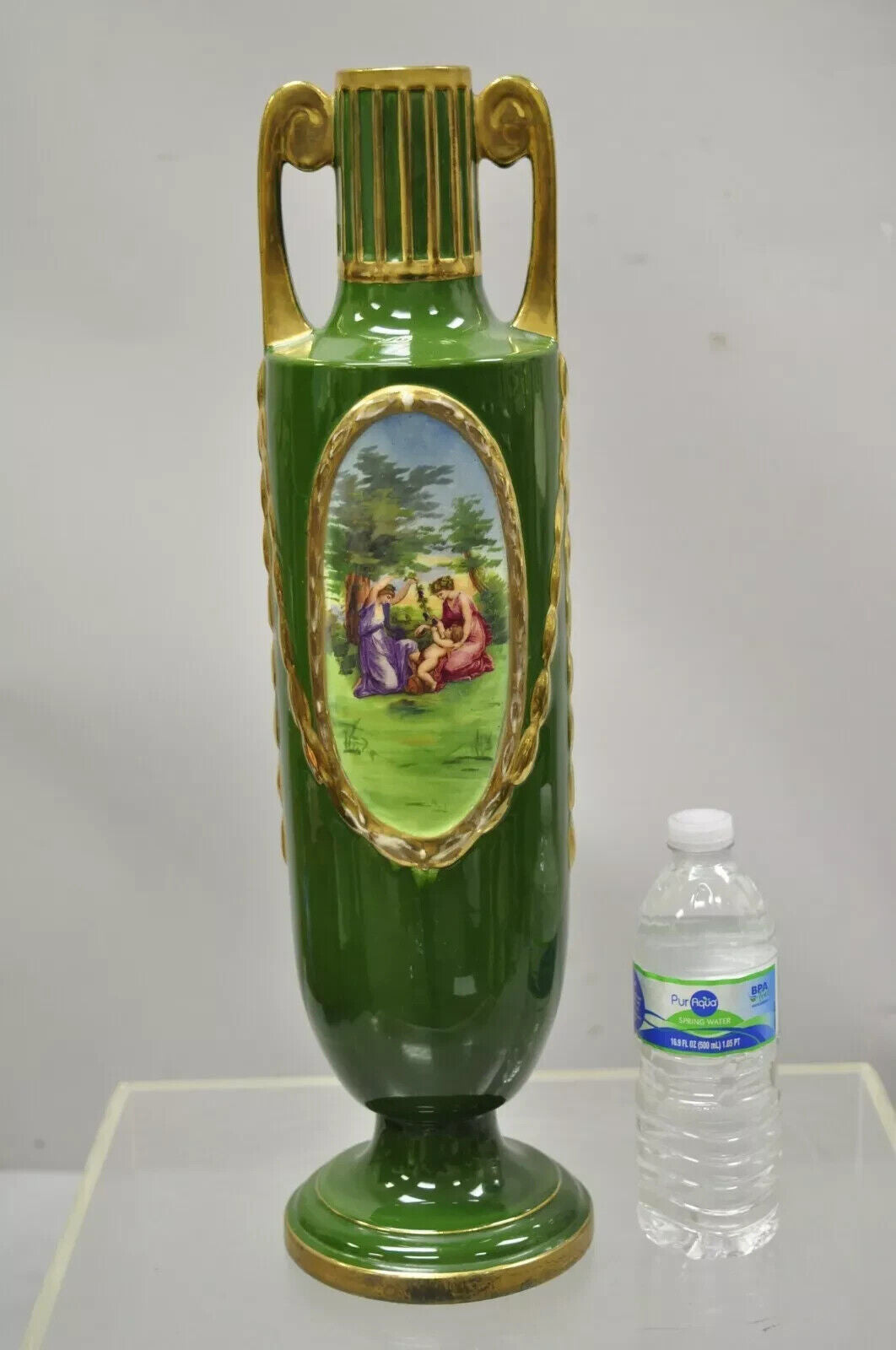 Antique Josef Joseph Strnact JS 20" Tall Green French Porcelain Vase, Austria