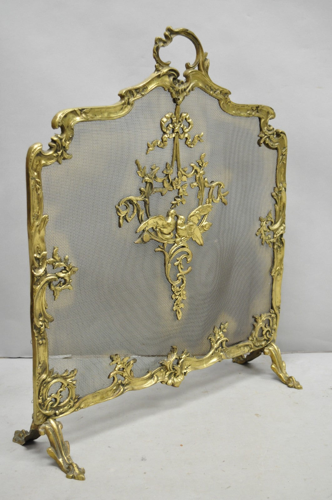 Antique French Rococo Louis XV Bronze Fireplace Firescreen Fire Screen w/ Birds