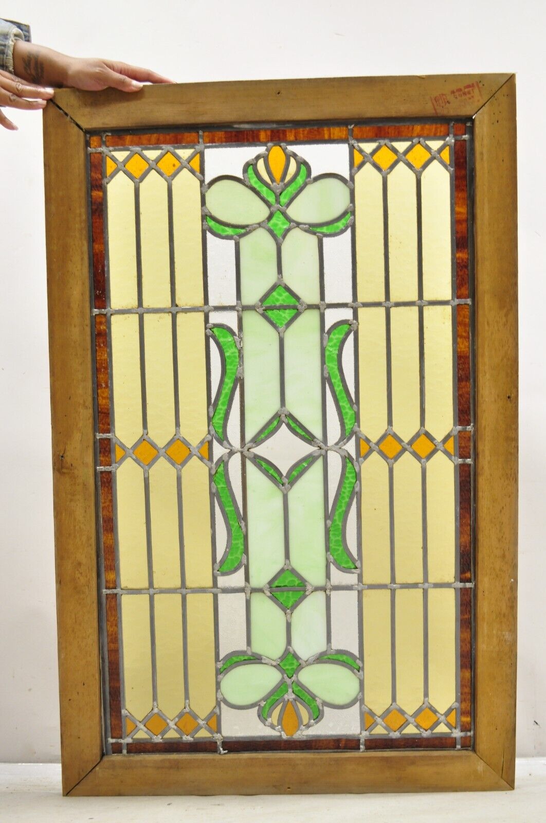 Antique Victorian Leaded Stained Glass Green Amber Tortoise Window in Wood Frame