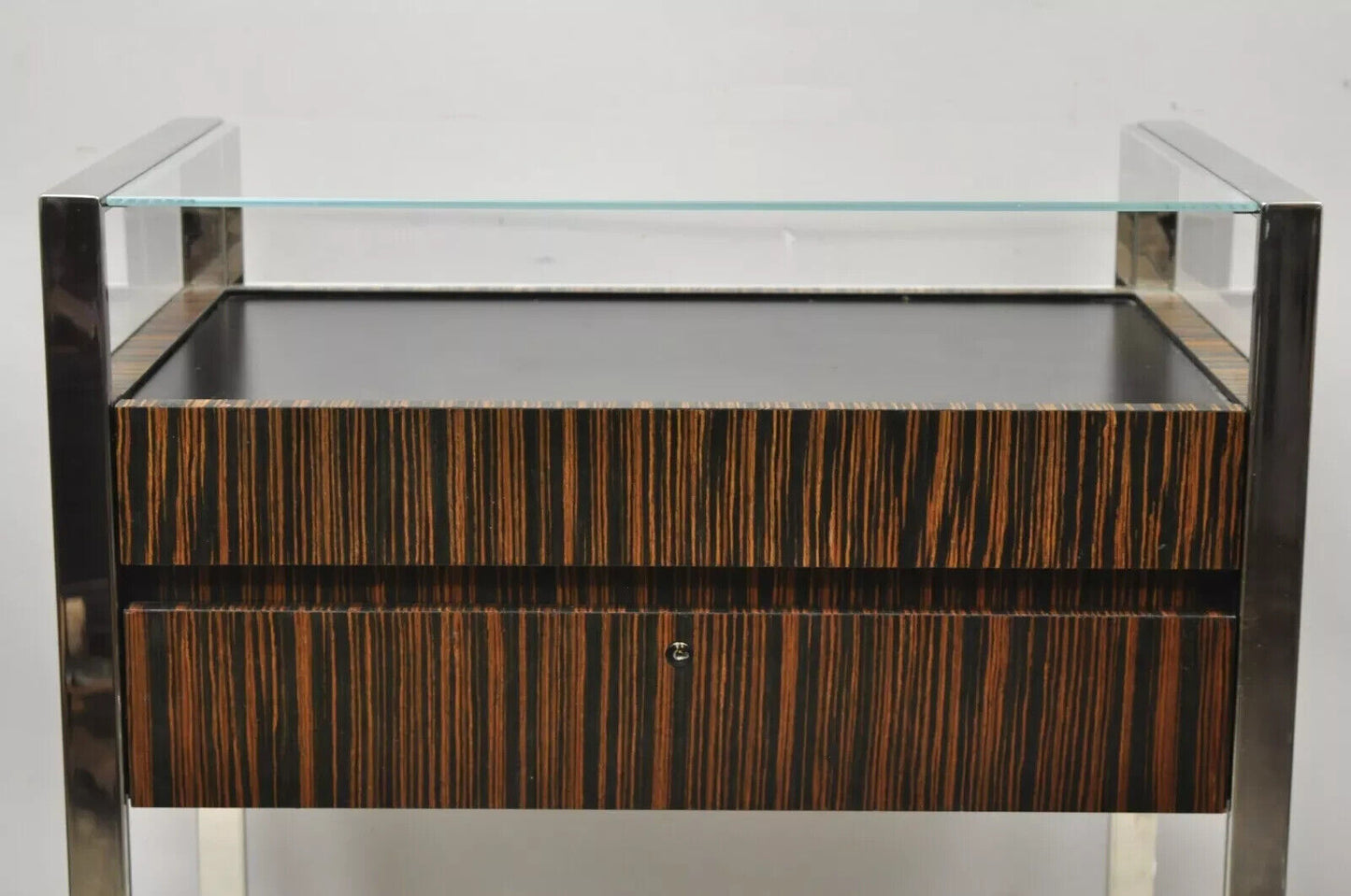 Modern Zebra Wood Chrome Glass Jewelry Closet Display Counter Case with Drawer