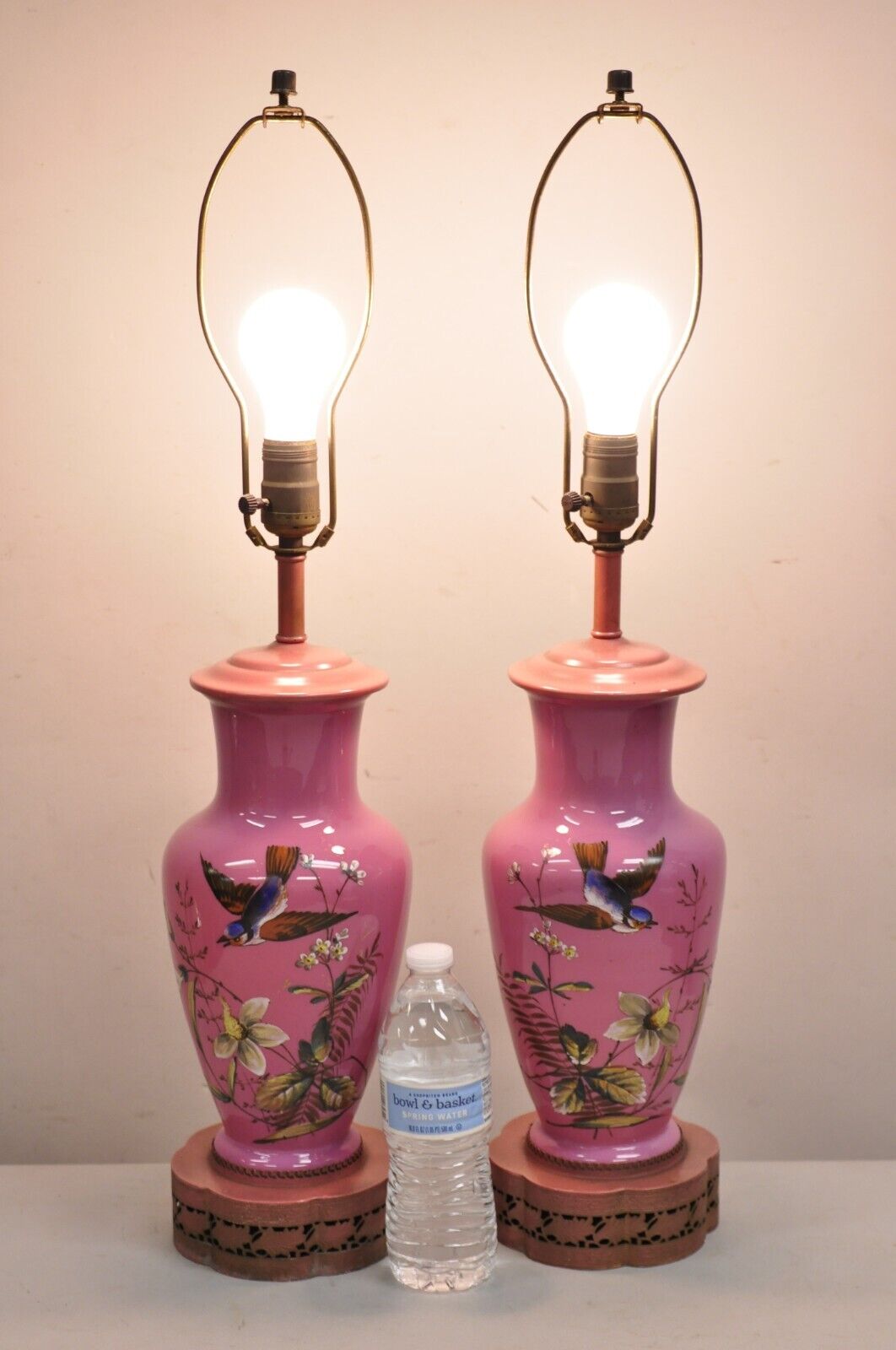 Vintage Chinoiserie Pink Porcelain Japanese Bird Painted Table Lamps - a Pair